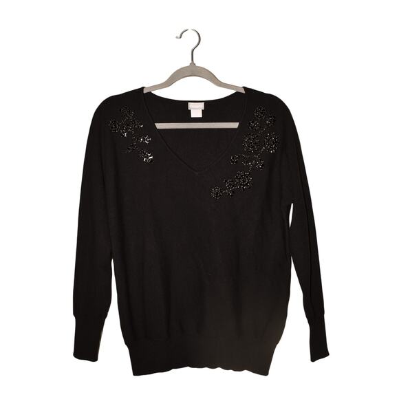 CHICO'S $99 Black Beaded Easy Dolman Sleeve V-Neck Sweater Chico's 0 / US Small - Picture 1 of 4